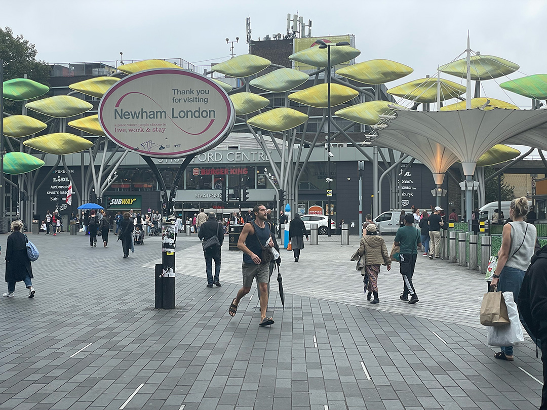 People in front of Westfield Shopping Centre in Stratford, Newham